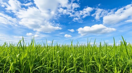 Obraz premium Green Grass Field Under Blue Sky with Clouds