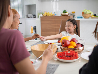 Child son girl boy eating dinner lunch breakfast food fruit meal pork beef happy smile family...