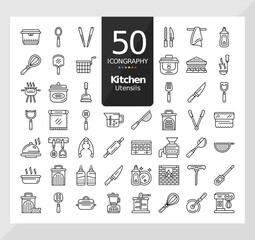Naklejka premium 50 Icons Pack of Kitchen Utensils Linear Set