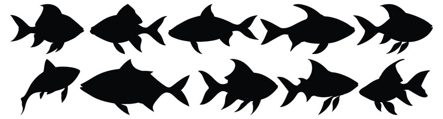 Fish silhouettes set, fishing pack of vector silhouette design, isolated background.