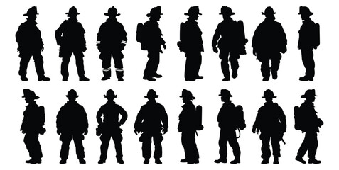 Firefighter silhouettes set, fireman pack of vector silhouette design, isolated background.