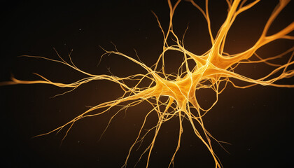 Orange neural connections inside an artificial brain, science and technology abstract art