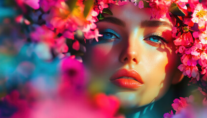 Naklejka premium A woman with striking blue eyes surrounded by vibrant pink blossoms, exuding a sense of serene beauty and dreamlike enchantment.