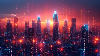 Fototapeta premium A futuristic cityscape at night with glowing lights and a digital overlay.