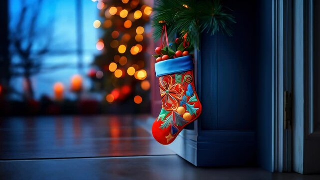 Christmas stocking with gifts on the background of a Christmas tree. New Year