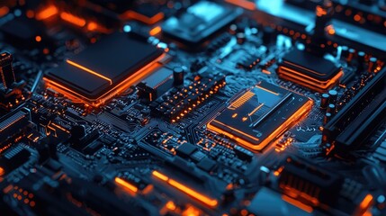 Close-up of an Illuminated Motherboard with Orange and Blue LEDs