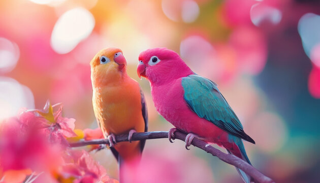 Colorful parrots perched on a branch amidst vibrant pink and orange foliage, creating a dreamy and lively scene in soft sunlight.