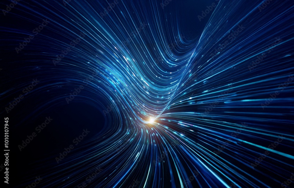 Wall mural abstract blue lines curve into a bright light, creating a futuristic effect.