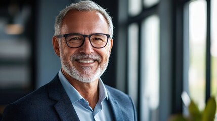Naklejka premium Portrait of a Smiling Middle-Aged Man in Glasses and a Suit