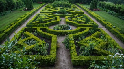 Lush Geometric Garden Design with Greenery and Pathways
