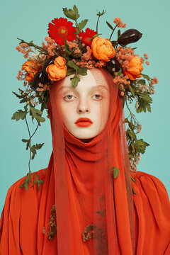 Art fashion magazine concept. Portrait of beautiful female model wearing designer clothing, wreath and looking at camera on light blue background. Haute couture style. Retro, vintage. Studio shot