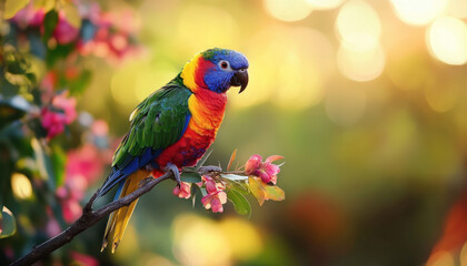 Naklejka premium A vibrant rainbow lorikeet perches on a branch with pink flowers, set against a soft, glowing bokeh background.