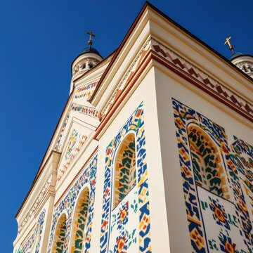 Romanian Church Exterior with Colorful Mosaic Patterns