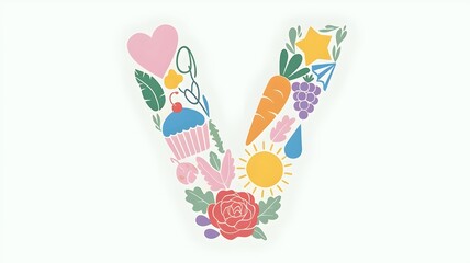 Pastel-colored letter V with heart, cupcake, star, and rose on white background