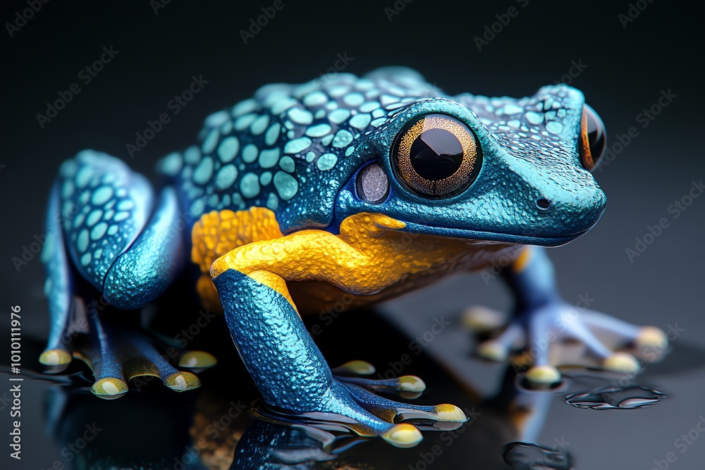 Poster a hyper-realistic close-up of a poison dart frog, showing every detailed texture of its vibrant blue