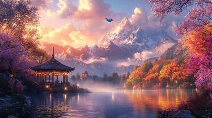 Obraz premium Scenic Gazebo by a Sparkling Lake with Breathtaking Mountain Views