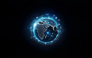 A glowing, digital globe with lines of light connecting different points on the surface.