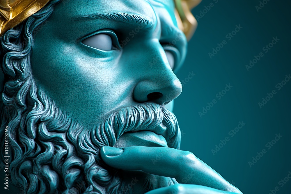 Poster a hyper-realistic close-up of a stoic thinkerâ€™s face, showing deep contemplation and serenity, wit
