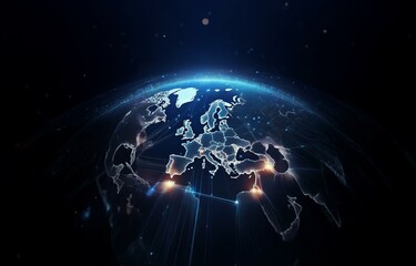 A glowing blue Earth with a focus on Europe, connected by bright lines.