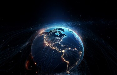 Naklejka premium A glowing earth with luminous lines connecting cities across the globe.