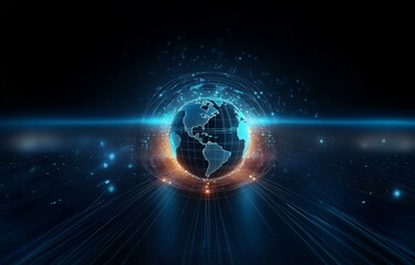 A digital globe with a glowing blue and orange grid surrounded by data streams on a black background.