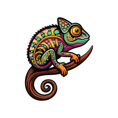 A detailed vector illustration of a chameleon perc sitting on a branch.