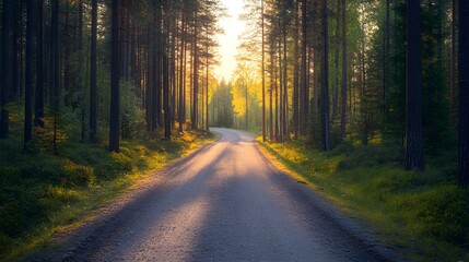 Fototapeta premium A quiet gravel road in a remote pine forest during the golden hour, with soft sunlight creating a warm, inviting feel 
