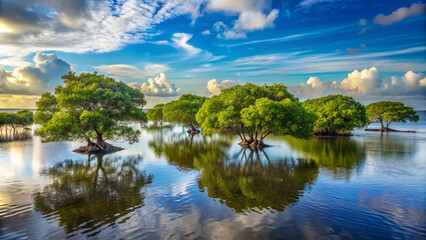 Obraz premium serene landscape of coastal floodplain featuring mangrove trees, reflecting beautifully in calm waters under vibrant sky. tranquil scene evokes sense of peace and natural beauty