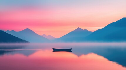 A boat is floating on a lake with mountains in the background