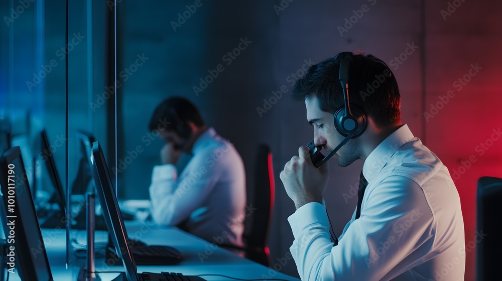 Canvas Prints Young man in a headset works in a dimly lit office.