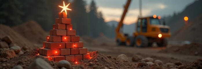 A unique construction site scene featuring a brick Christmas tree illuminated with lights at dusk