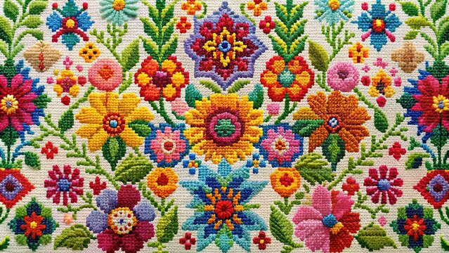 Vibrant colorful needlepoint artwork featuring floral patterns and geometric shapes on a soft white canvas background with subtle texture and natural light effect.