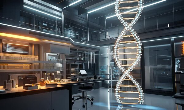 Futuristic Laboratory with a Giant DNA Model