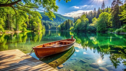 Obraz premium Serene summer afternoon scene featuring a deserted wooden boat docked by a tranquil lake surrounded by lush green trees and calm crystal clear water.