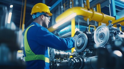 An engineer in a blue jumpsuit and yellow hardhat works on machinery in an industrial setting.