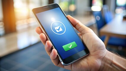 A close-up of a smartphone displaying a mobile payment processing app with a transaction being approved on a sleek, modern, high-tech background.