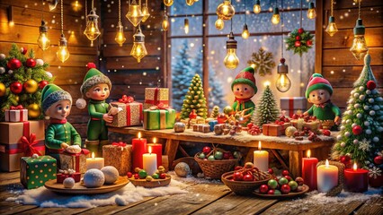 Fototapeta premium Vibrant festive scene featuring busy elves' workshop with colorful ornaments, garlands, and gifts amidst sparkling snowflakes and warm candlelight on rustic wooden tables.