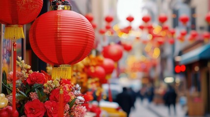 A vibrant street scene with red lanterns and decorations for Chinese New Year