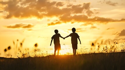 Two boys walk hand-in-hand towards the setting sun.