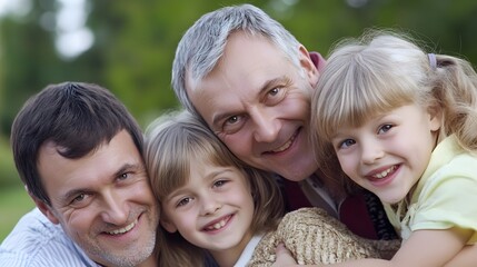 Obraz premium A happy family of four smiles for the camera, two little girls with their father and grandfather.