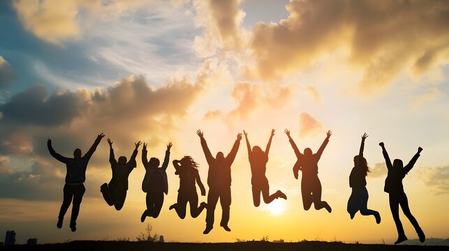 Silhouettes of a group of friends jumping in the air with their arms raised at sunset. - Powered by Adobe