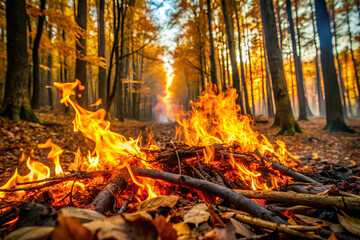 vibrant fire blazes amidst forest of autumn trees, with orange and yellow flames dancing over fallen leaves. warm glow contrasts beautifully with cool, serene atmosphere of woods