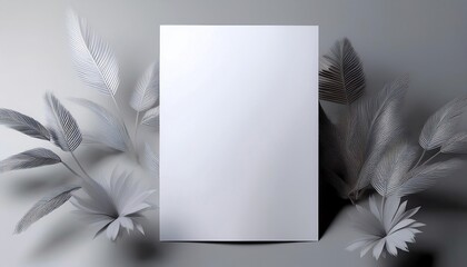 A minimalist composition featuring a blank card surrounded by delicate, textured leaves against a soft background.