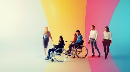 A diverse group of people, including those in wheelchairs, stand together against a colorful backdrop.