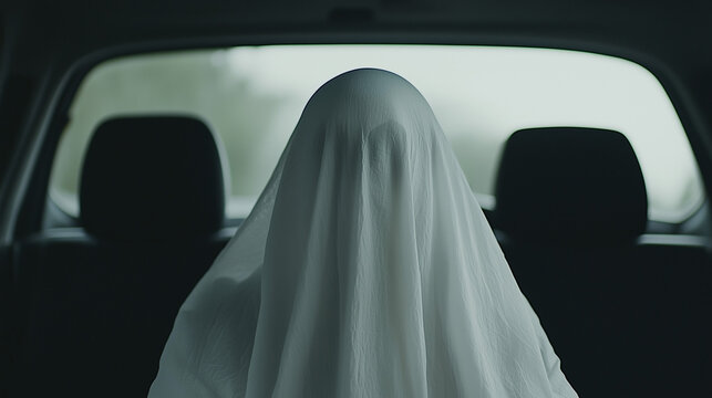 Ghost in the Backseat: Eerie mystery unfolds as a ghostly figure shrouded in white fabric sits in the back of a car, creating a chilling atmosphere of suspense and the unknown.