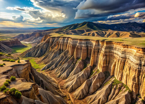 Breathtaking rugged landscape featuring dramatic fault scarp with exposed rock formations, showcasing beauty of natures geological wonders