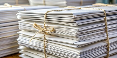 Obraz premium Blurred background emphasizes a neatly arranged stack of large white postal envelopes, tightly bound with rubber bands, awaiting mailing or organization.
