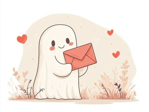 recommend clip art: A ghost giving a love letter clipart, romantic gesture, flat design, soft pinks and reds, isolated on white background