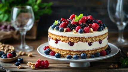 A beautifully presented layered cake, garnished with fresh berries and nuts, placed on a white plate. The cake is set on a rustic wooden table, accompanied by elegant glasses, creating a cozy Cake