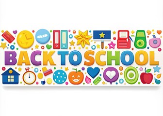 Fototapeta premium Colorful back-to-school banner with bold fonts and icons, isolated on a clean white background, perfect for educational institutions' social media posts and website headers.